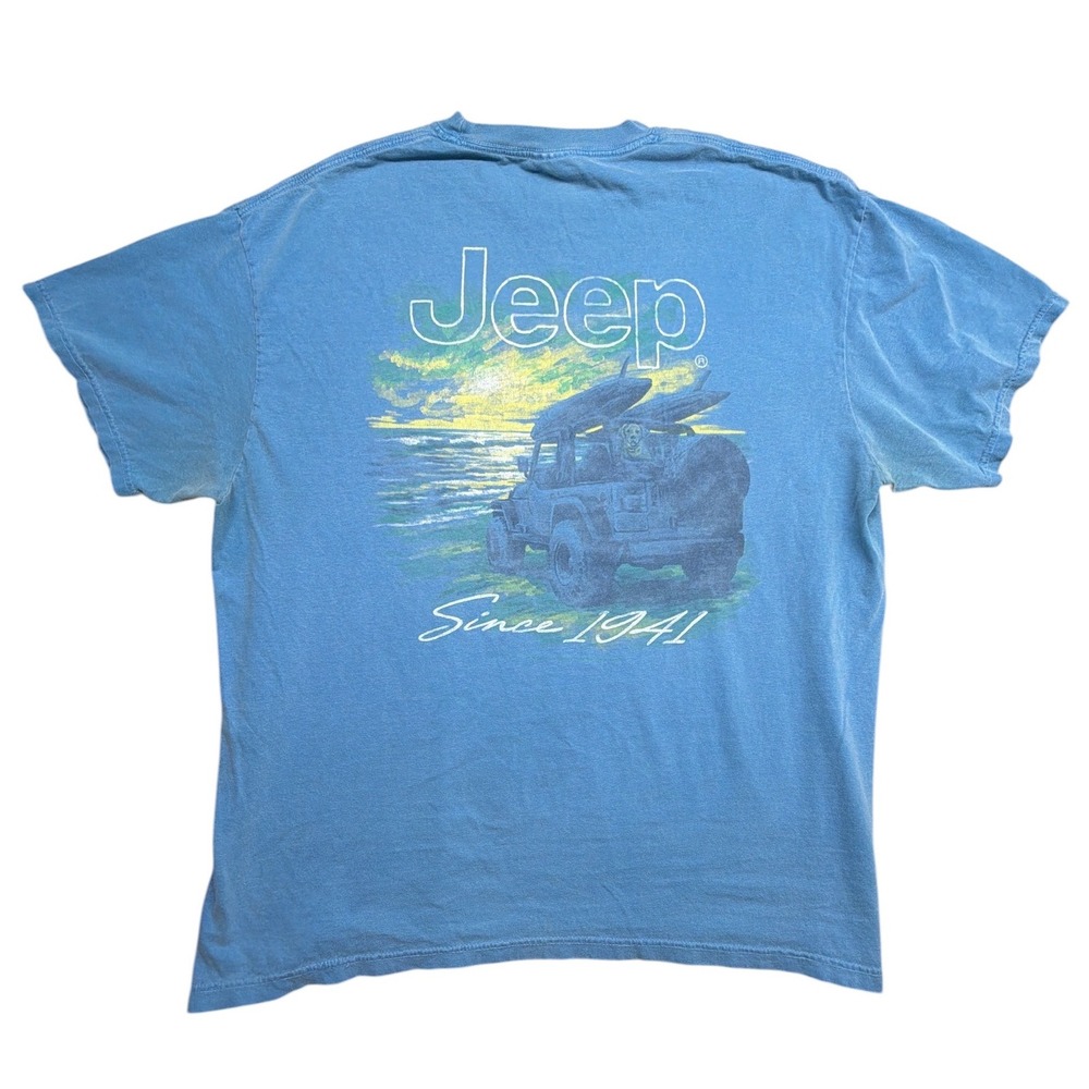 Comfort Colors Jeep Wrangler Surfboard Sunset Graphic T-Shirt Mens 2XL Blue Tee